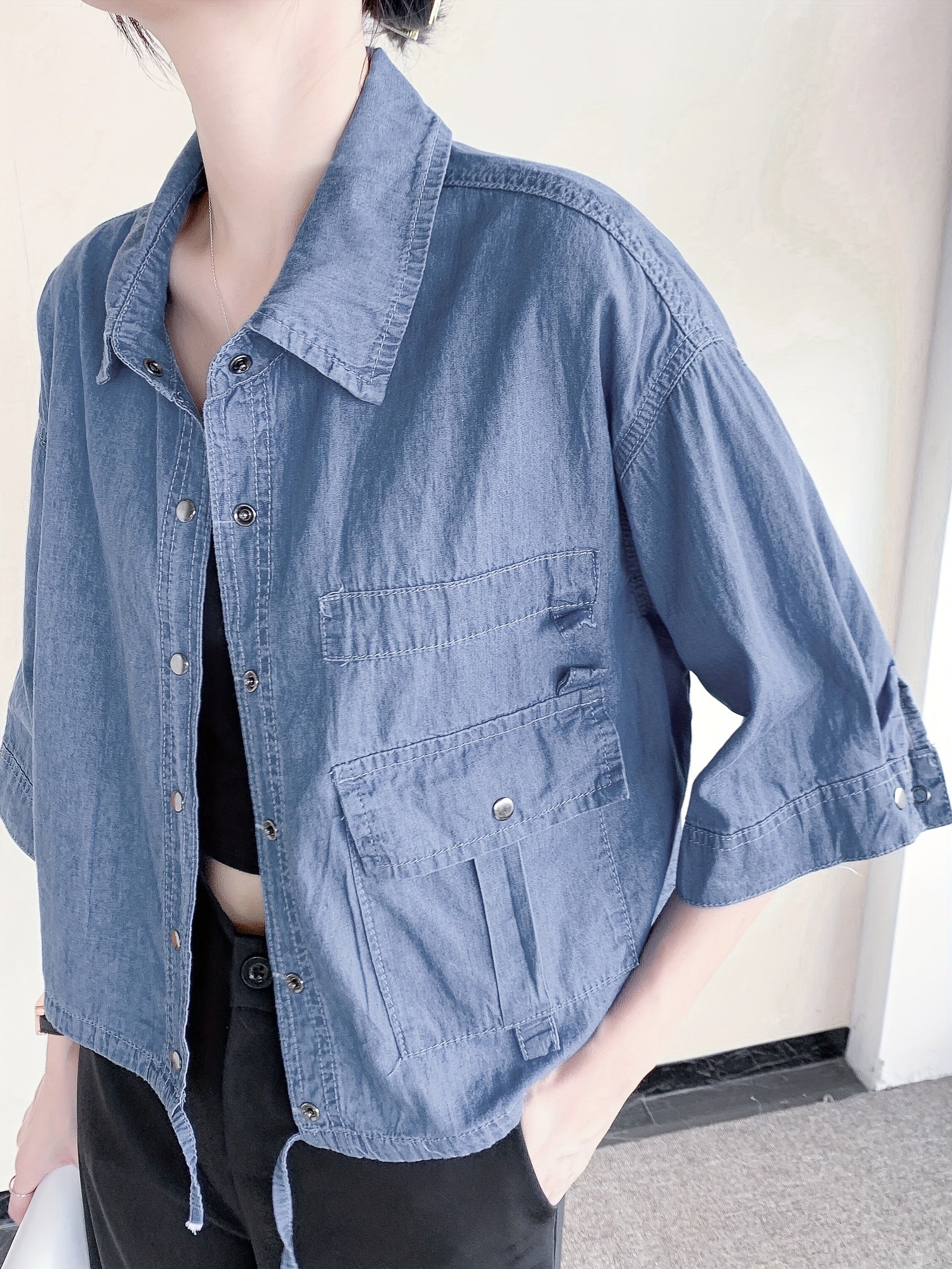  Denim Button Down Half Sleeve Shirt