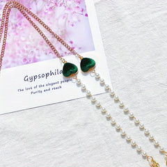 Velvet Double Heart Pendant Mask Chain with Faux Pearl Detail