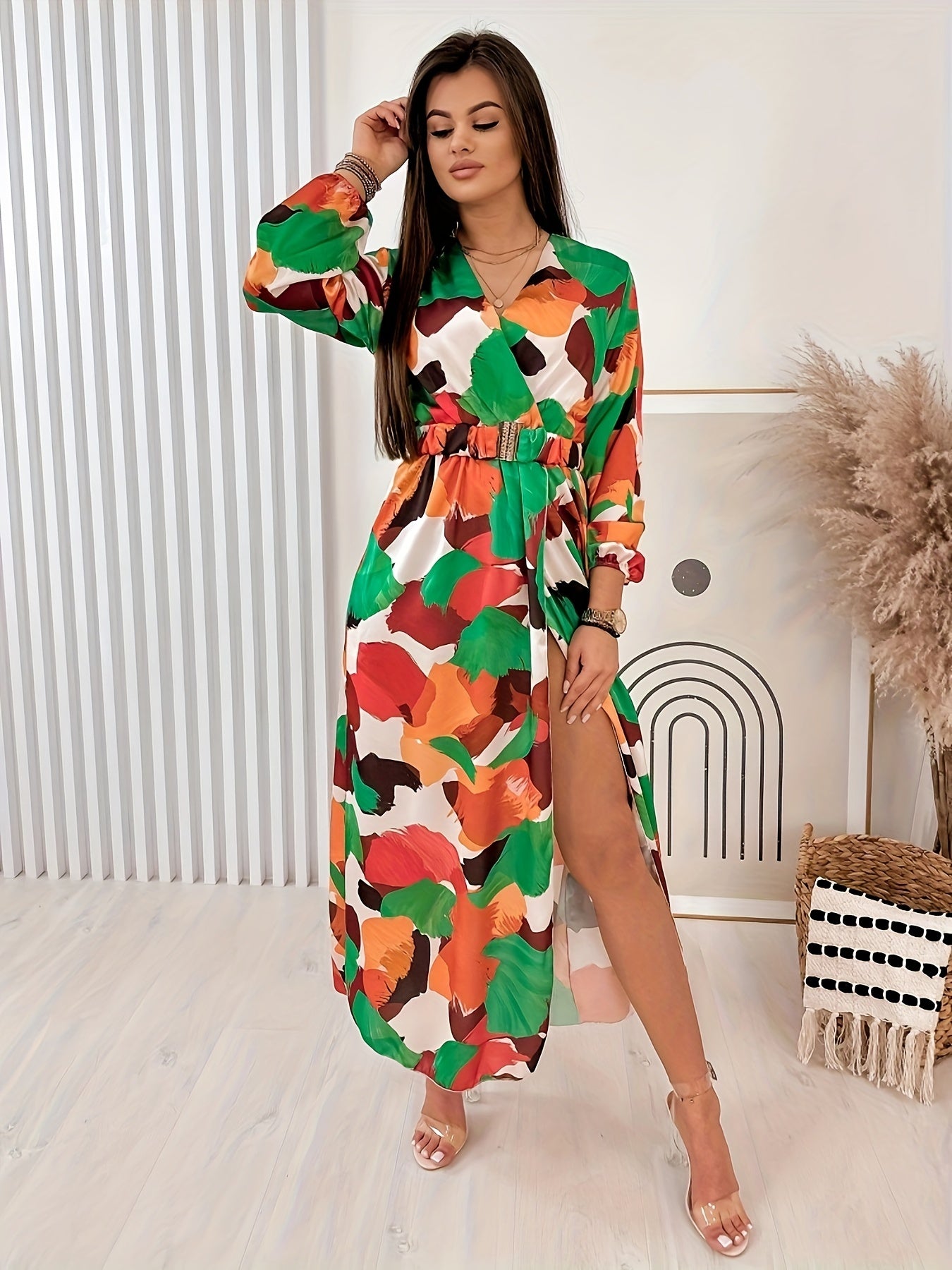  Colorblock Long Sleeve Wrap Dress