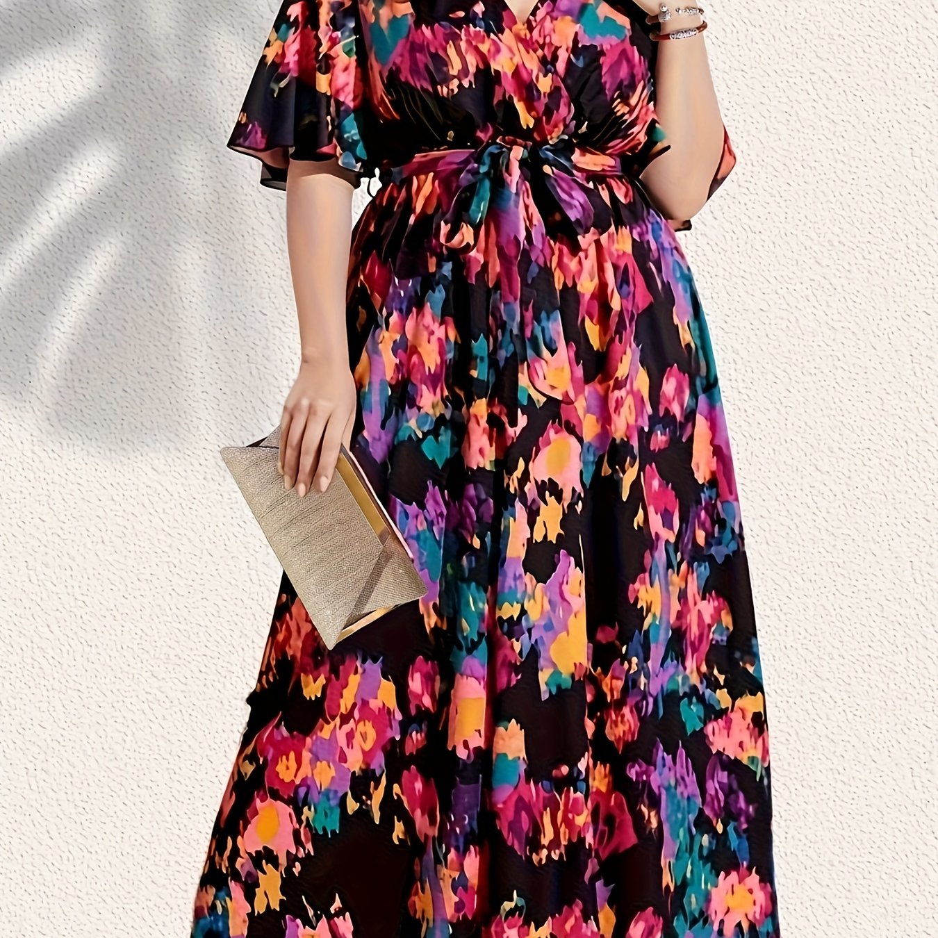  Boho Butterfly Sleeve Maxi Dress With Belt