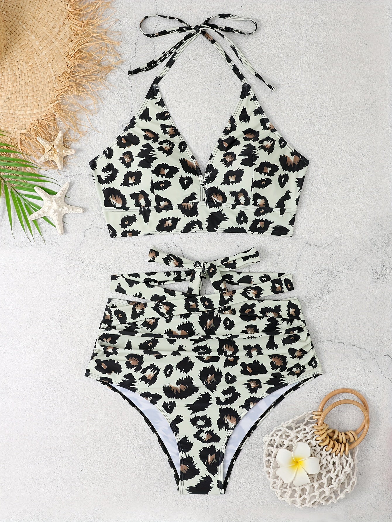  Leopard Print Bikini Set Halter Bra & Panty Swimsuit