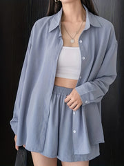 Solid Two piece Set Long Sleeve Shirt & Loose Shorts Outfits