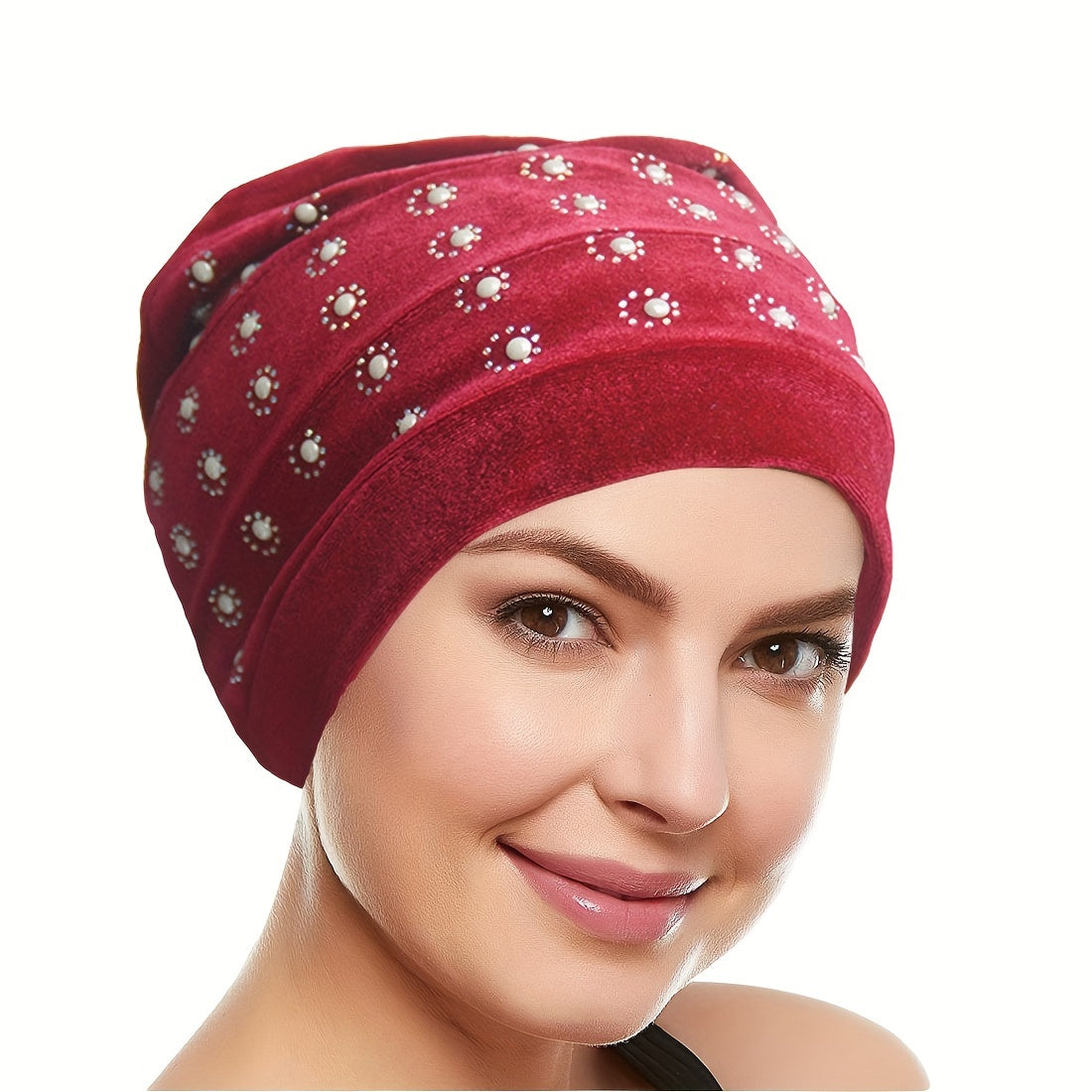 Rhinestone Decor Turban Cap Velvet Head Wrap Elastic Bonnet Head Scarf Women
