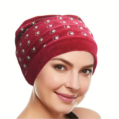 Rhinestone Decor Turban Cap Velvet Head Wrap Elastic Bonnet Head Scarf Women