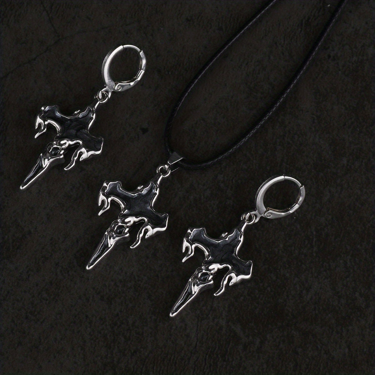 Halloween Gothic Cross Pendant Earring Necklace Set
