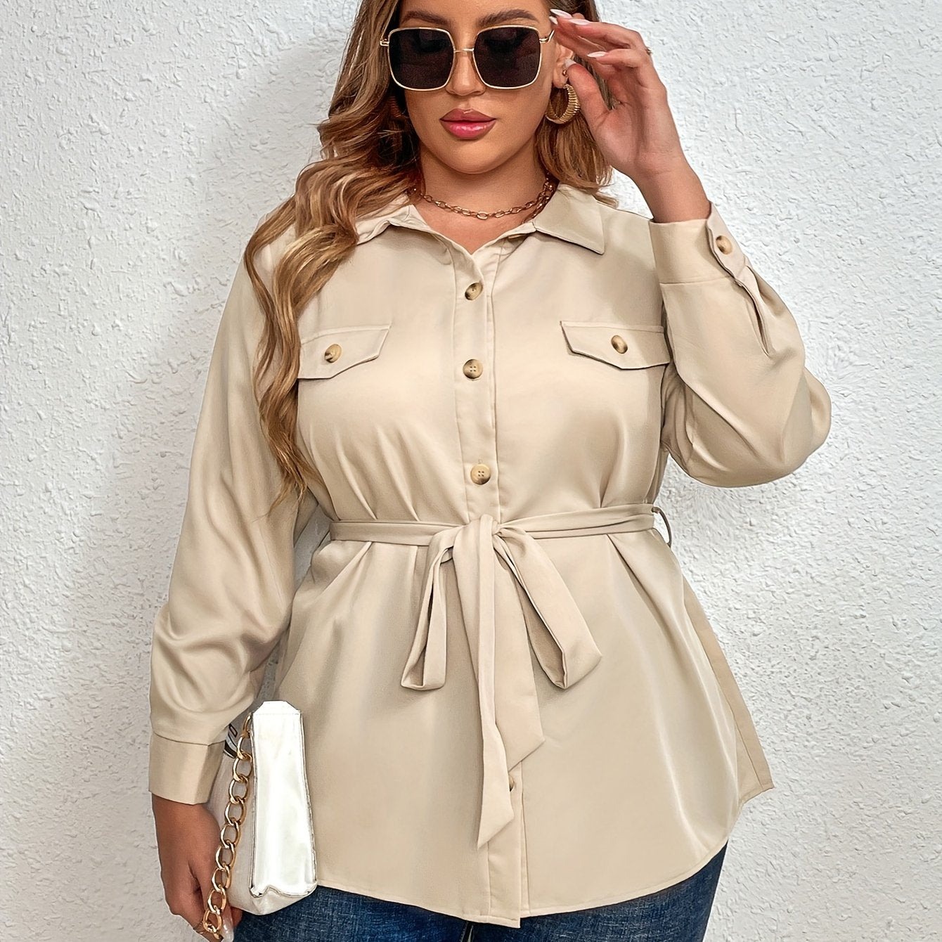  Solid Button Up Long Sleeve Blouse With Belt