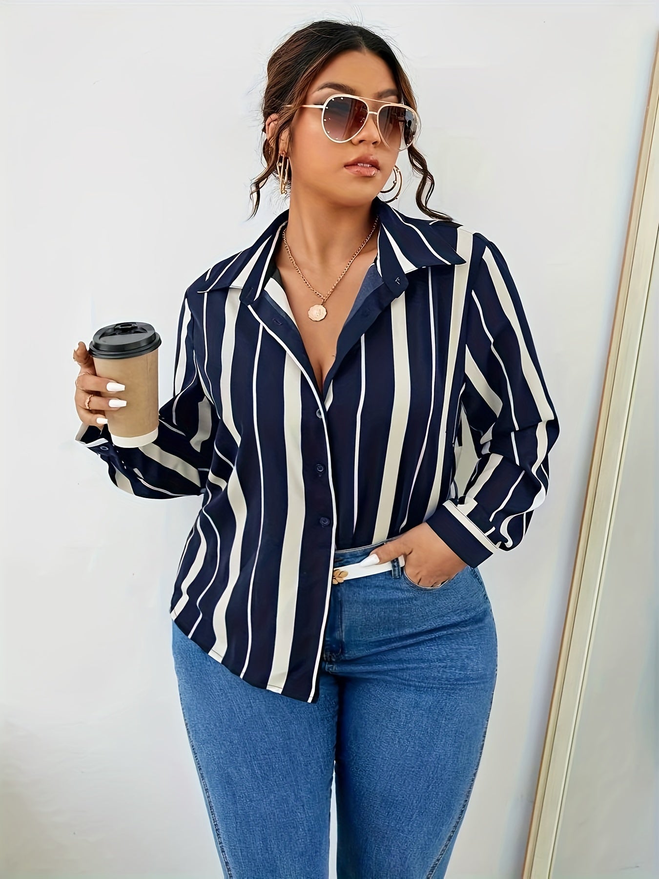  Stripe Print Long Sleeve Button Up Shirt Top