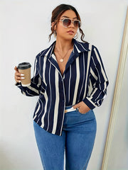  Stripe Print Long Sleeve Button Up Shirt Top