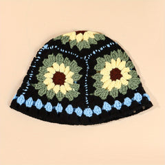 Vintage Flower Crochet Bucket Hat Hollow Out Knit Hat Y2K Beanie Fisherman Cap