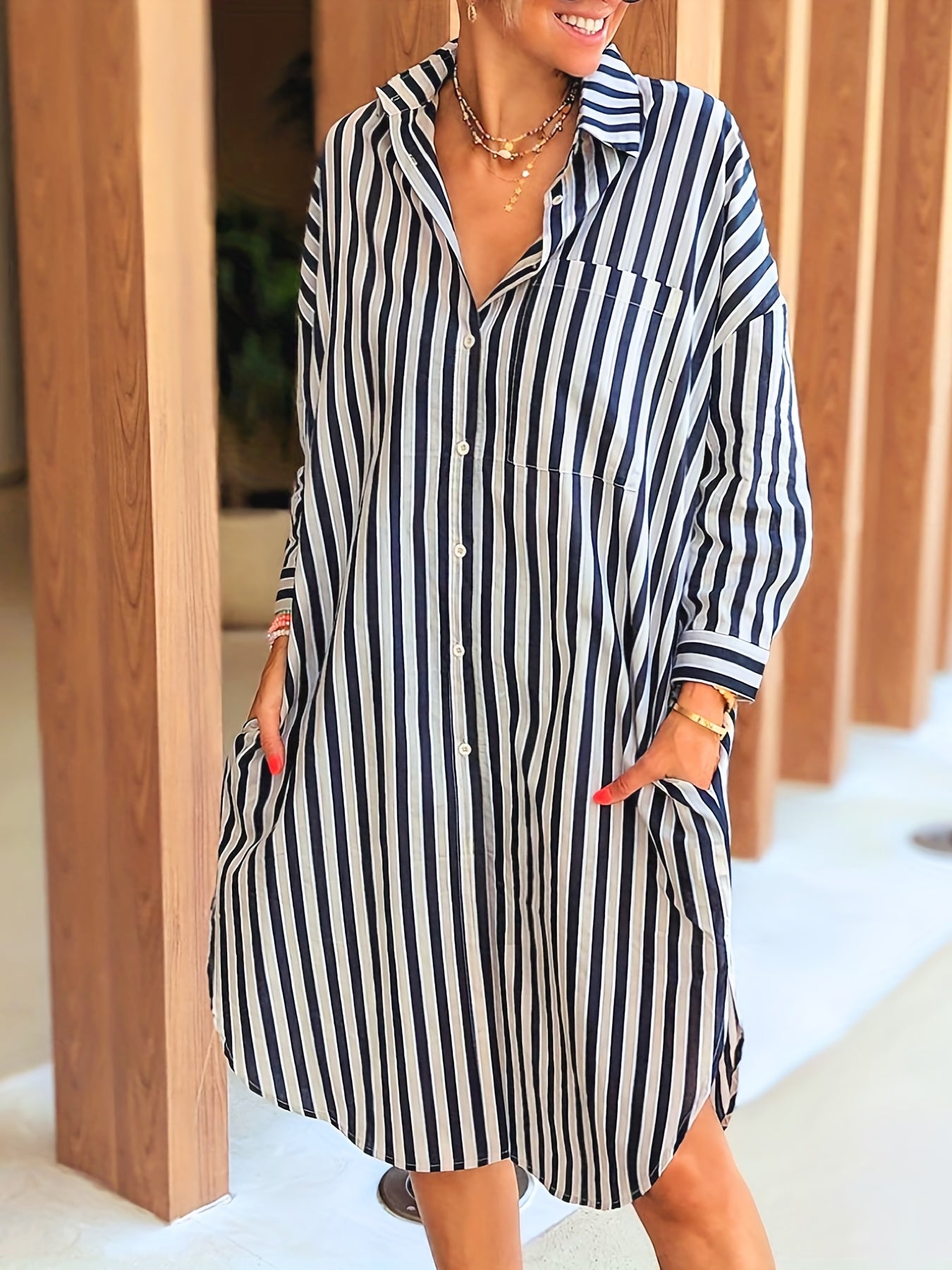  Stripe Print Polo Neck Shirt Dress With Pockets