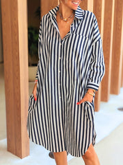  Stripe Print Polo Neck Shirt Dress With Pockets