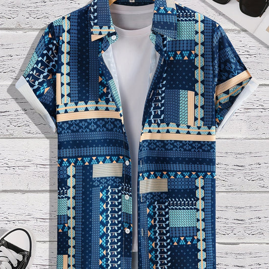 Geometric Pattern Short Sleeve Hawaiian Shirt for Summer Vacation