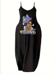 Casual Cami Dress Women's Plus Figure Print Round Neck
