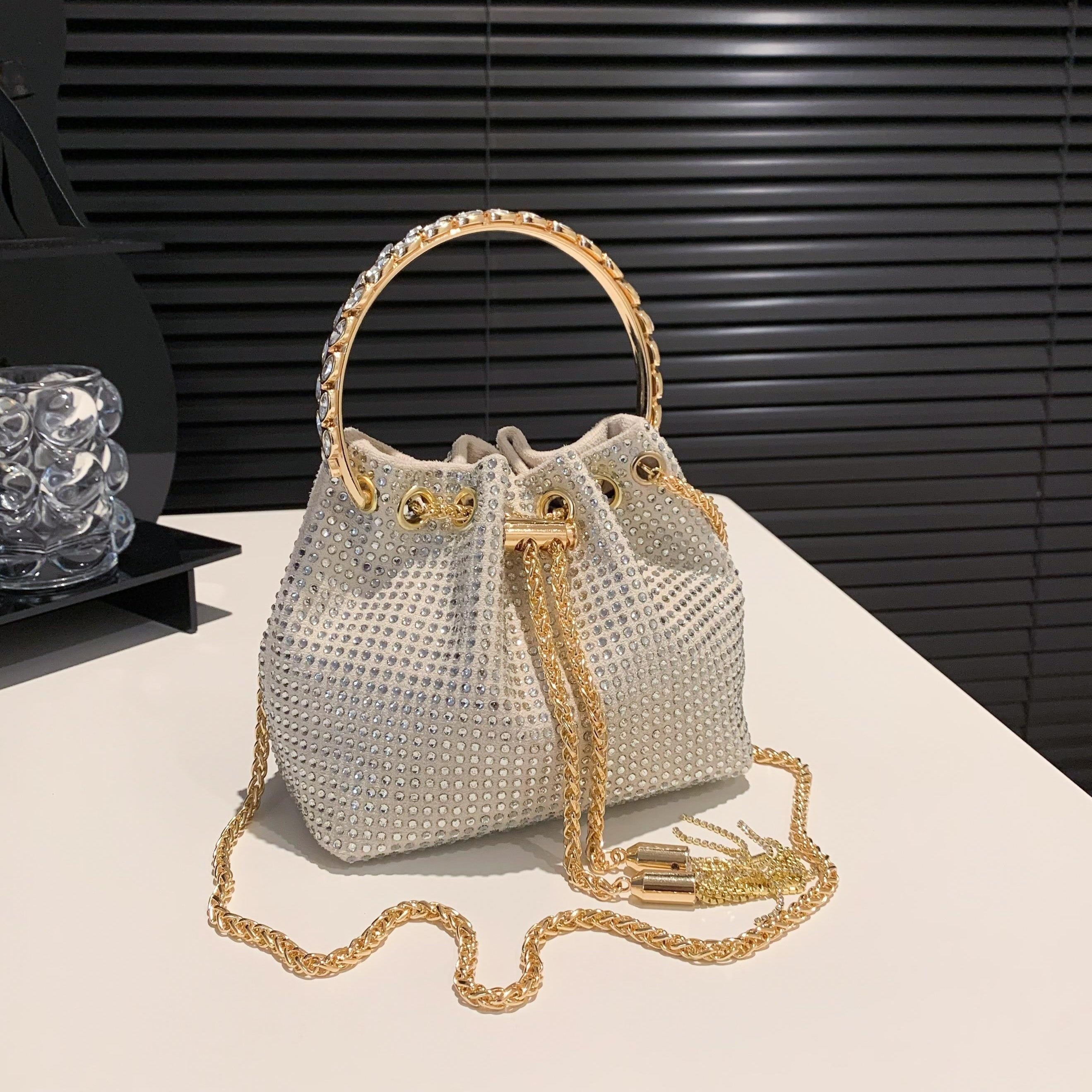 Rhinestone Bucket Bag Top Ring Clutch Purse Drawstring Crossbody Bag