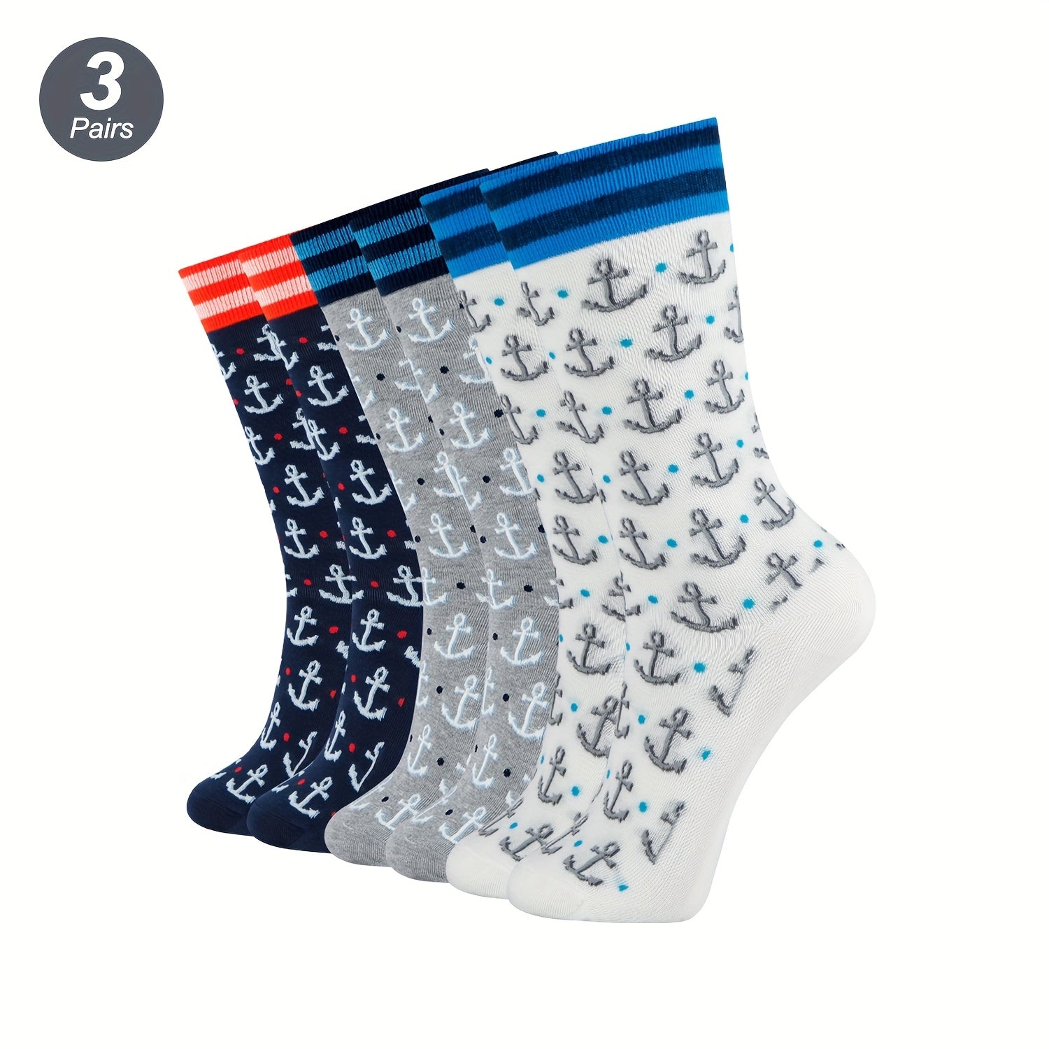 3 Pairs Anchor Pattern Business Long Tube Socks