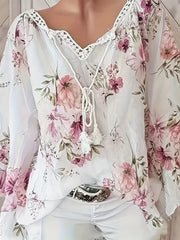  Floral Lace Sleeve Tie Neck Tunic Top