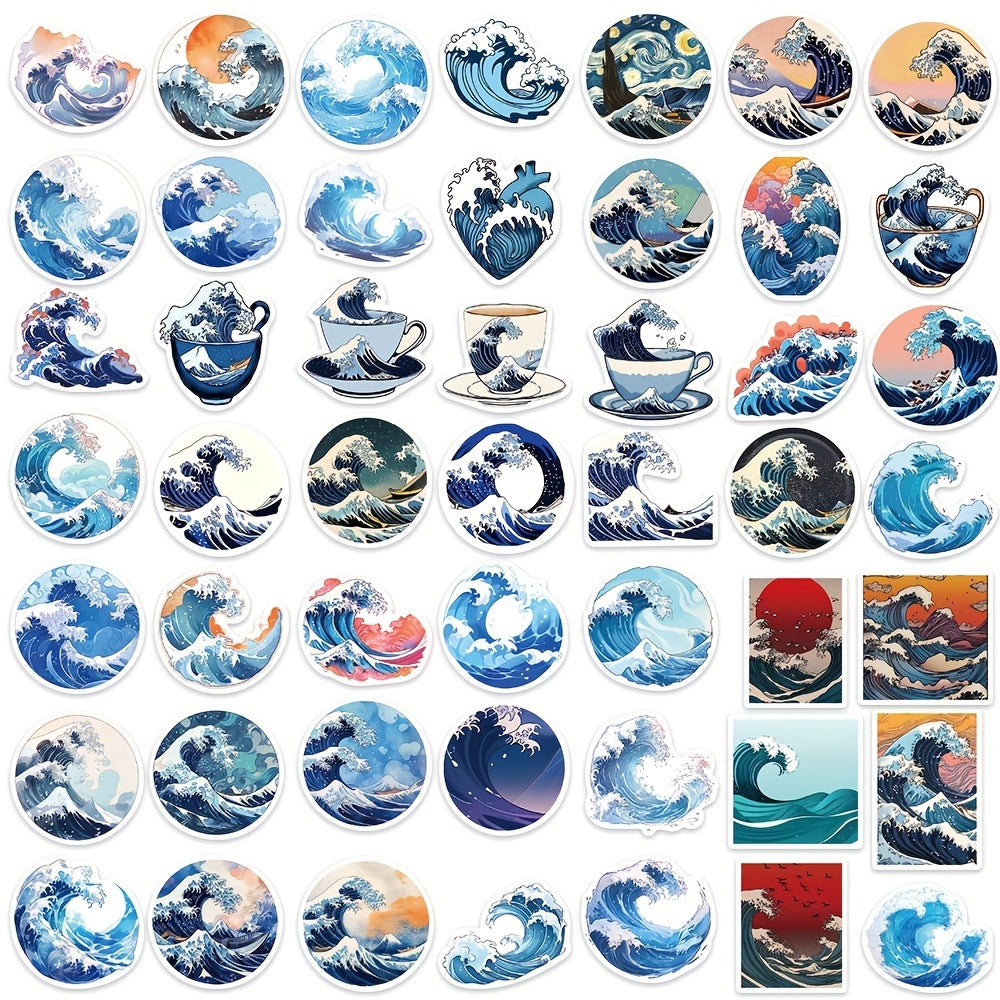 50pcs Ukiyo e Series Sea Wave Stickers Waterproof DIY