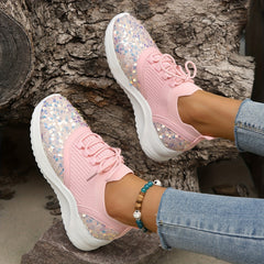 Women's Glitter Sequins Sneakers Pink Lace Up Comfortable Walking Shoes