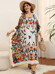 Boho Cover Up Dress Plus Size Print Bat Sleeve V Neck Slight S