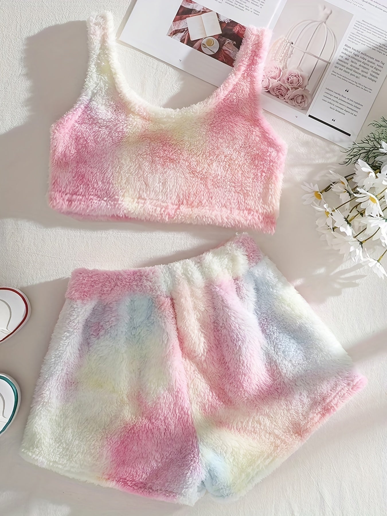 Plush Lounge Set Crew Neck Tank Top & Shorts
