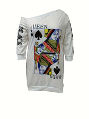 Casual Dress Women's Plus Letter & Poker Print Long Sleeve Dress