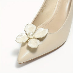 Pointed Toe Kitten Heels Flower Pearl Slip On Low Heels Work Shoes