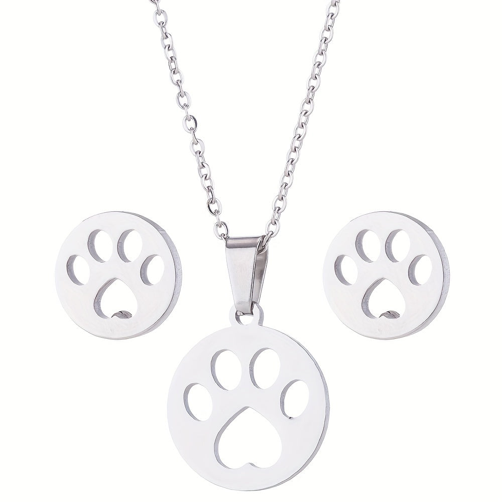 Stainless Steel Origami Cat Necklace and Earrings Set - Animal Pet Jewelry
