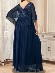  Wedding Dress Embroidered V-Neck Flutter Sleeve Maxi Bridesmaid Dress