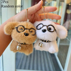 2pcs Puppy Glasses Plush Keychain Charm Soft Fluffy Ears & Expressive Eyes