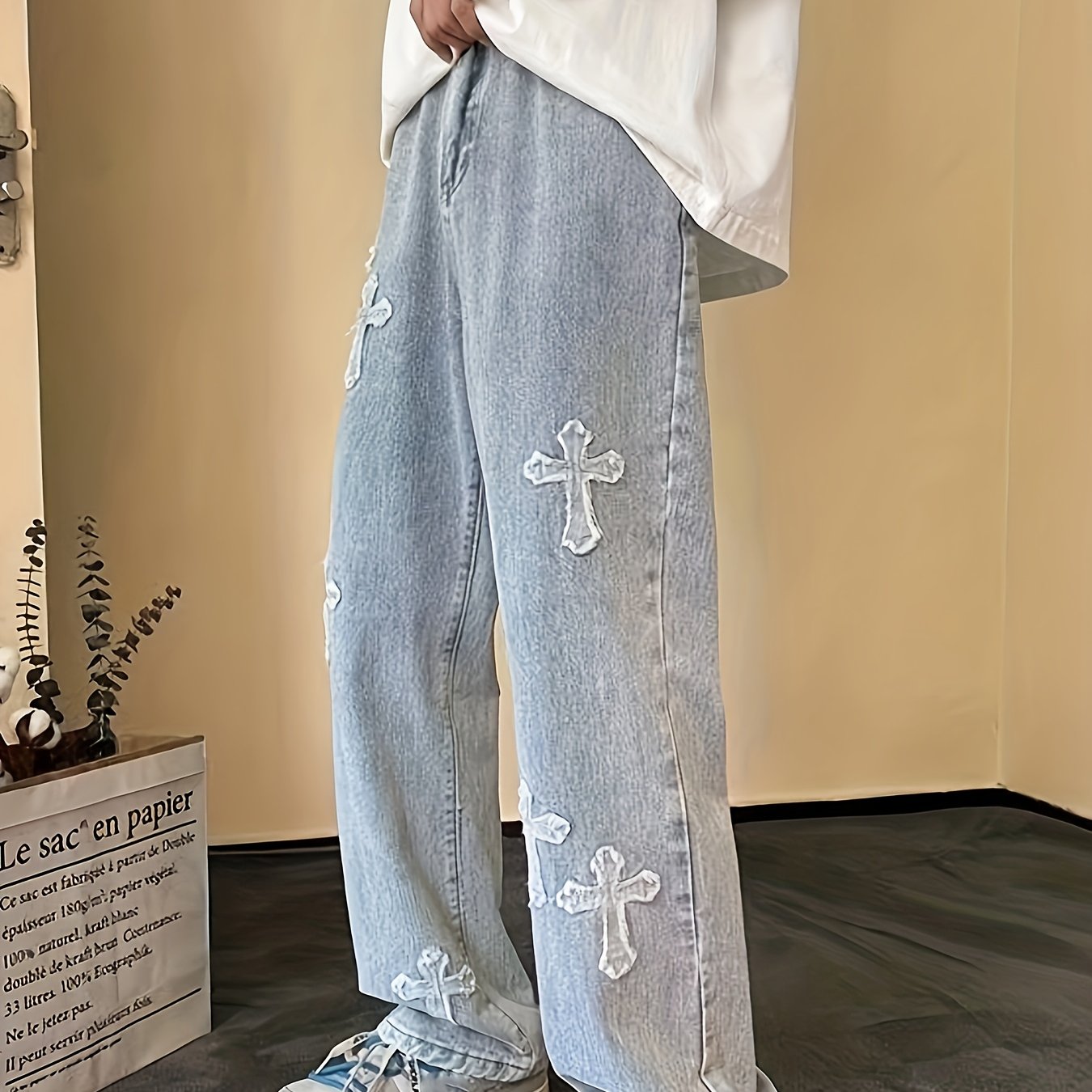 Vintage Cross Pattern Men's Distressed Jeans