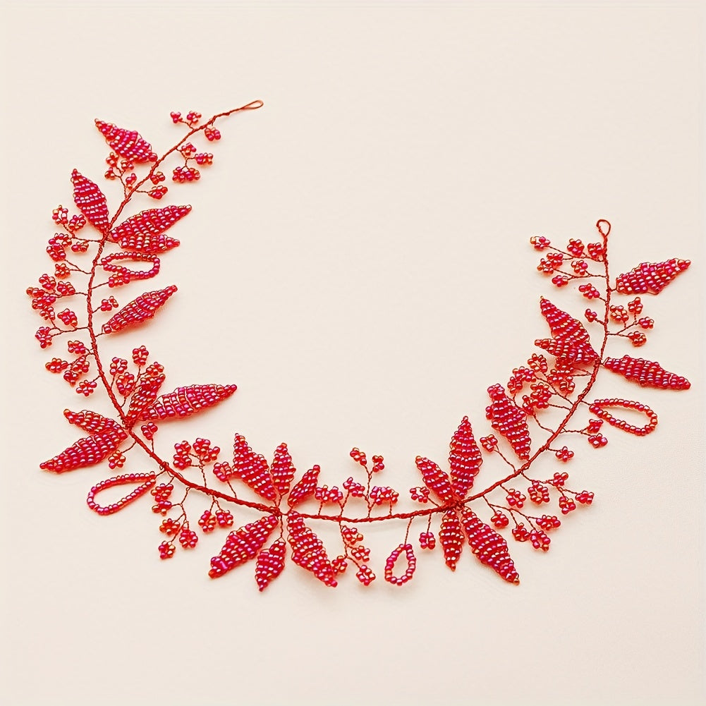 Red Crystal Beaded Hair Band Braided Headband Bridal Wedding Headwear