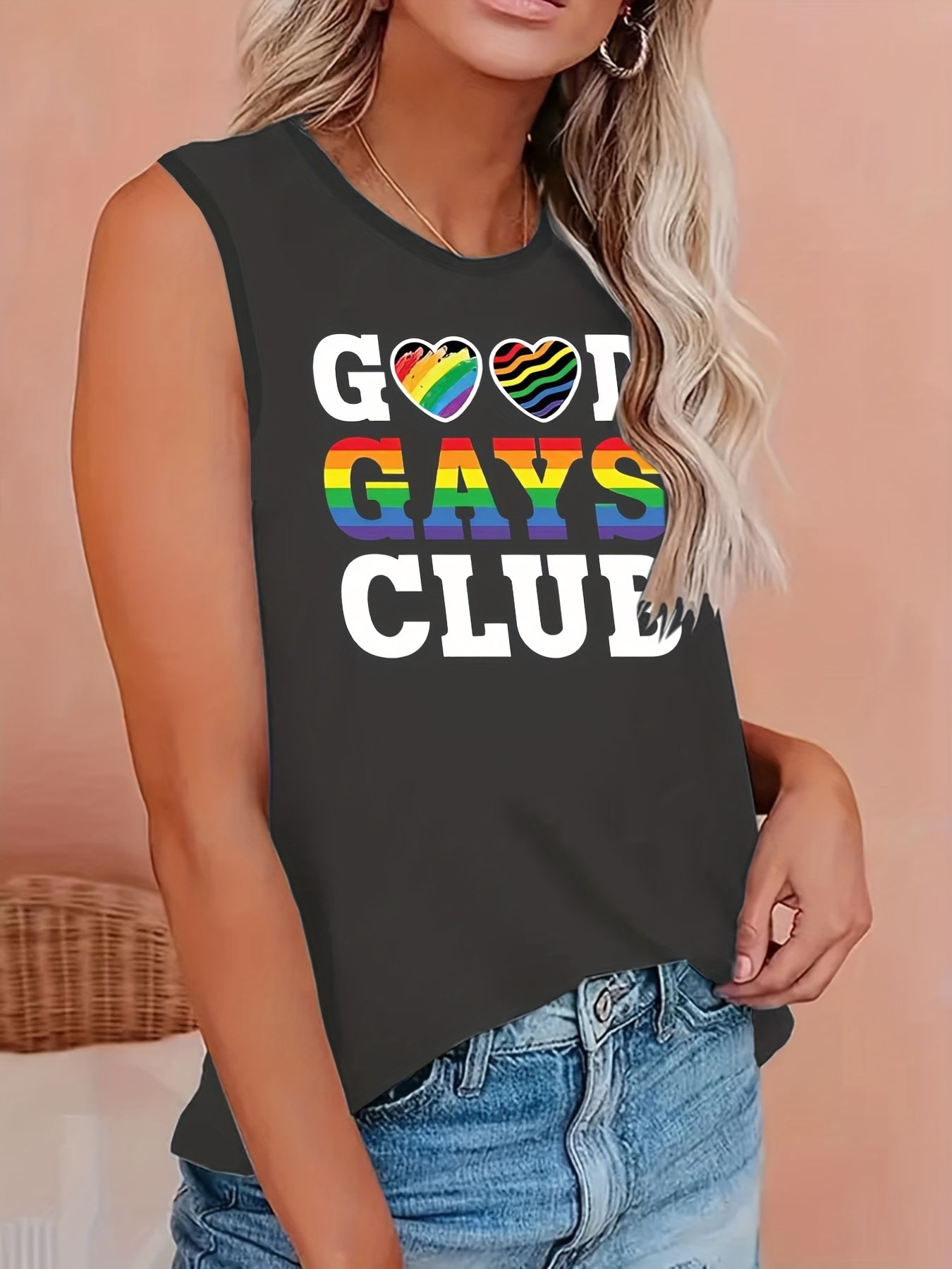 Plus Size LGBT Tank Top Rainbow Print Round Neck Stretch