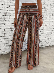 Boho Patchwork Print Shirred Waist Wide Leg Pants