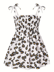 Girls Lace Up Daisy Flowers Print Shirred Cami Dress