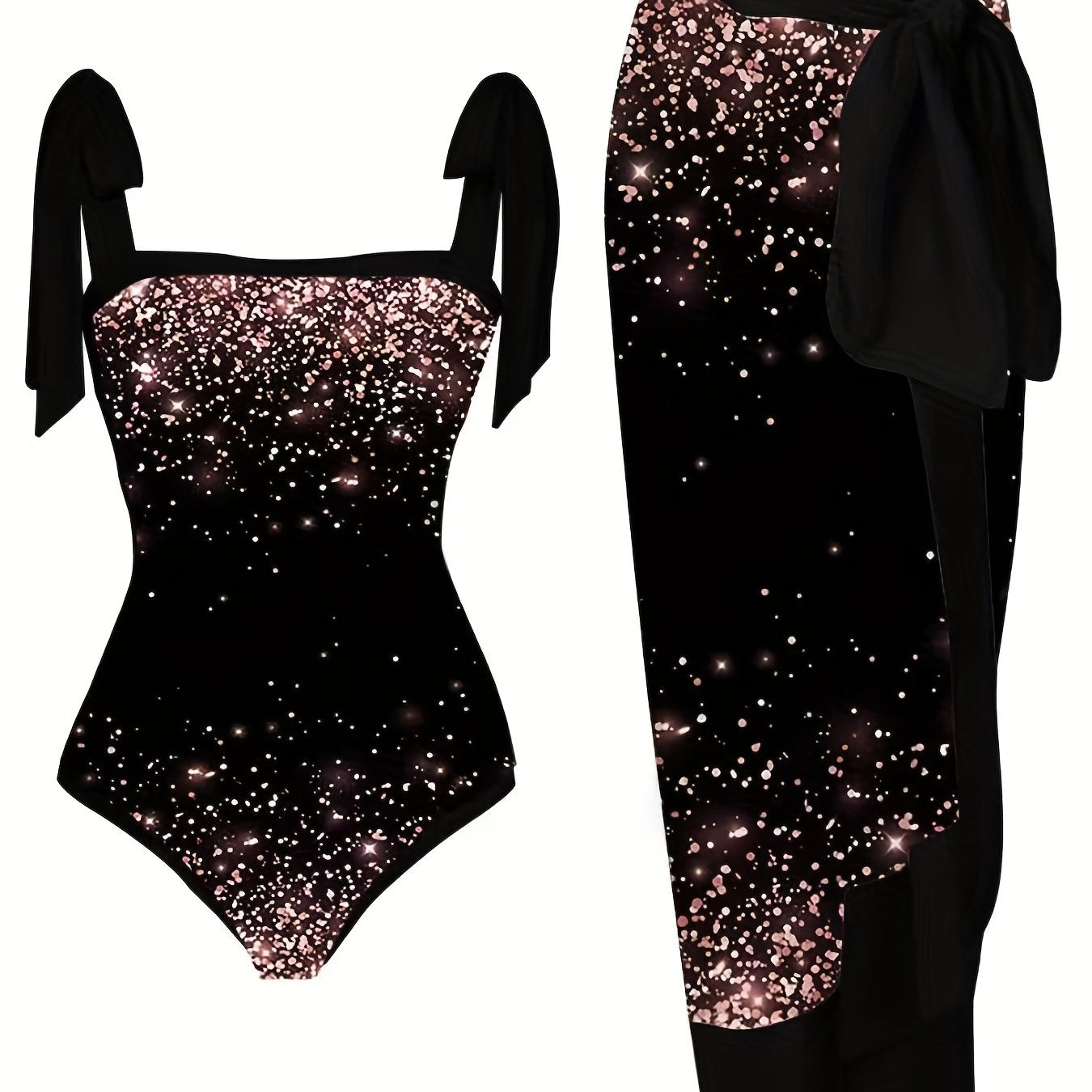  Tie Shoulder One Piece Swimsuit & Skirt Tankini Set