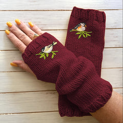 Bird Embroidered Knitted Gloves Long Warm Fingerless Gloves