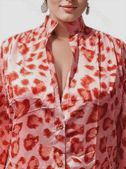  Leopard Print Button Up Long Sleeve Mock Neck Blouse
