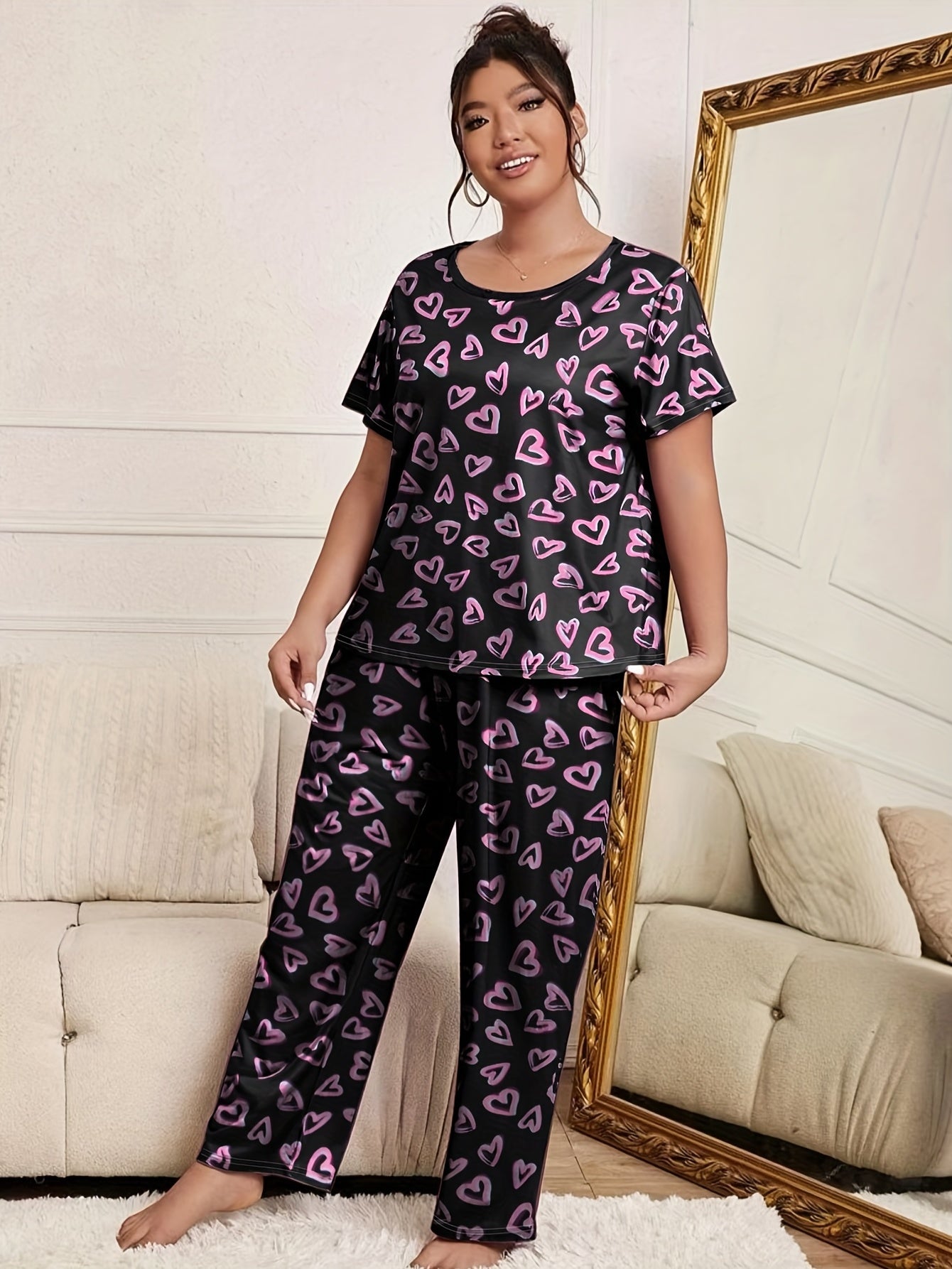  Heart Print Pajama Set Short Sleeve Top & Pants Two Piece