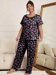  Heart Print Pajama Set Short Sleeve Top & Pants Two Piece
