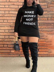  Slogan Print Hooded Long Sleeve Sweatshirt Dress