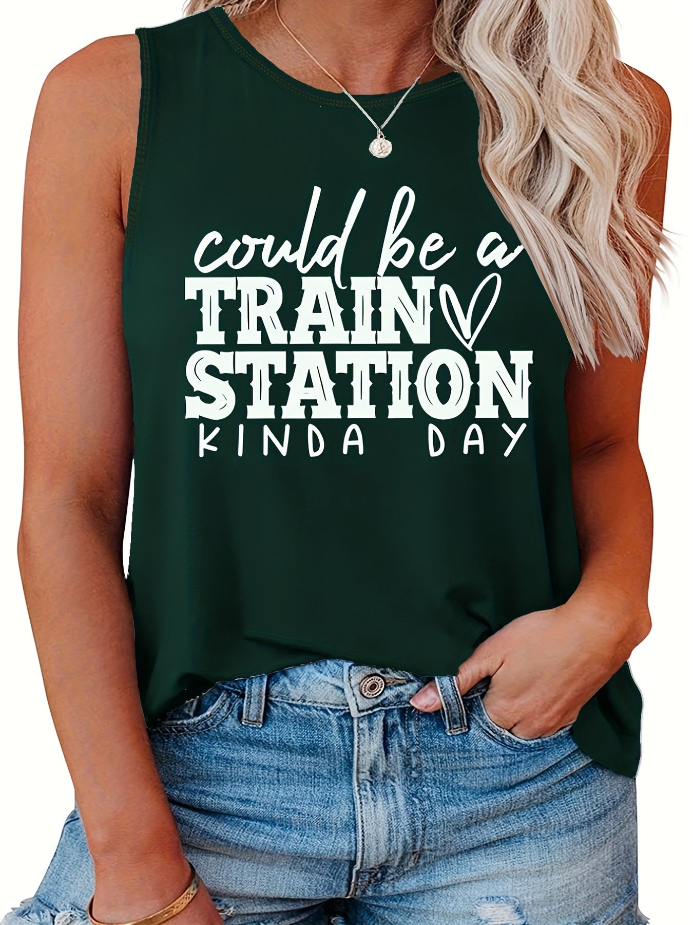  Casual Tank Top Women's Plus Slogan Print Round Neck Tank Top
