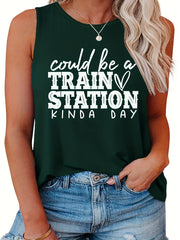  Casual Tank Top Women's Plus Slogan Print Round Neck Tank Top