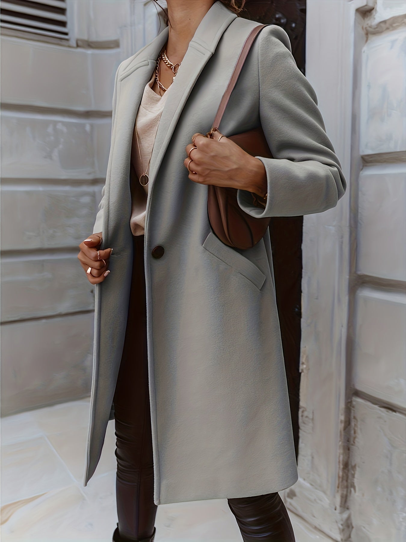 Women's Solid Mid Length Coat One Button Outerwear