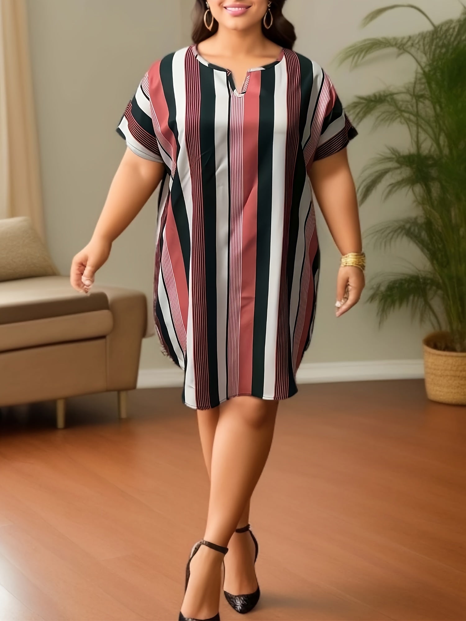  Striped Print Short Sleeve Dress