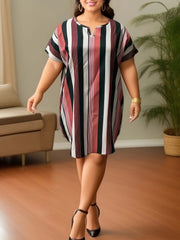  Striped Print Short Sleeve Dress