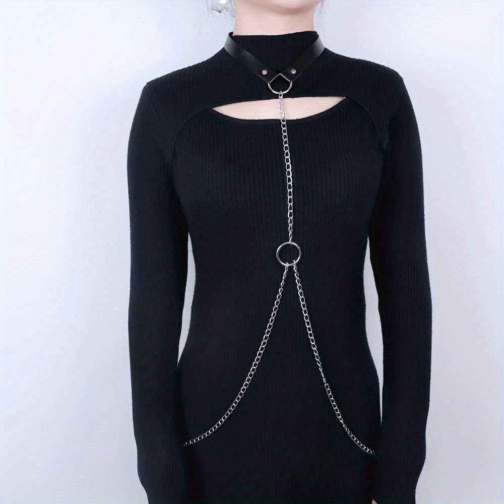 Chain Fringe Harness Punk Rivet PU Leather Waistband Neck Harness