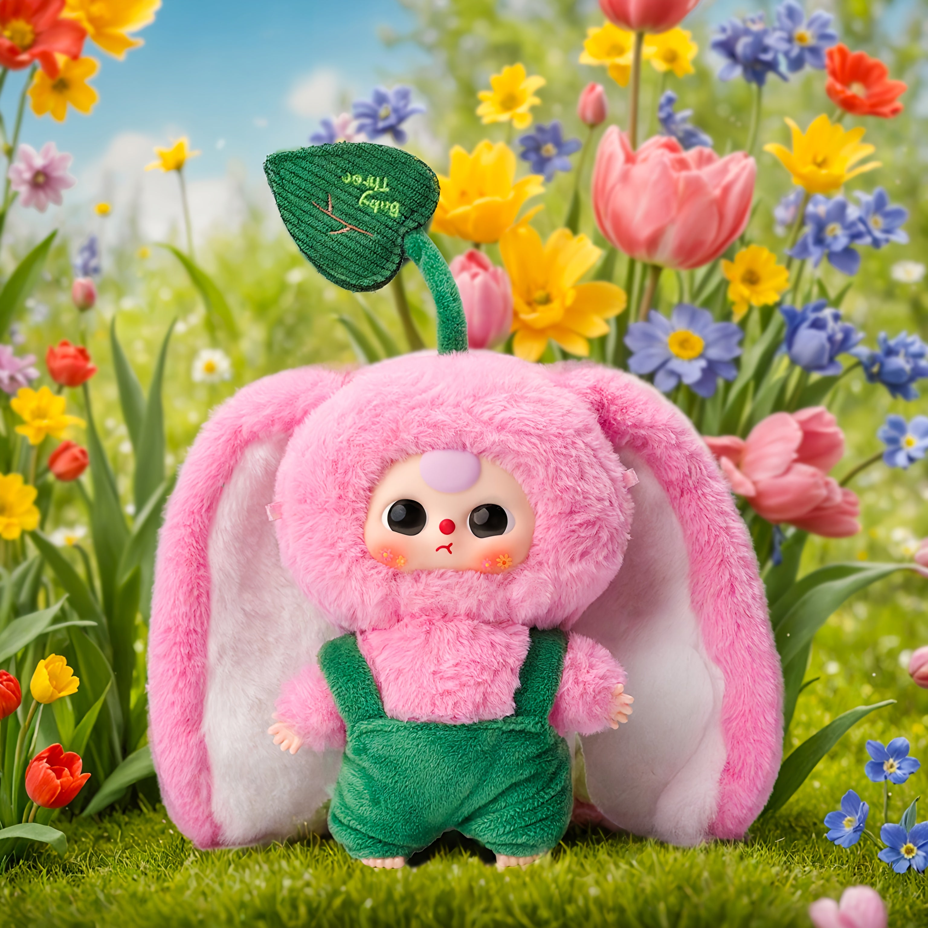Creative Longear Rabbit Plush Toy with Expressive Eyes & Floral Accents