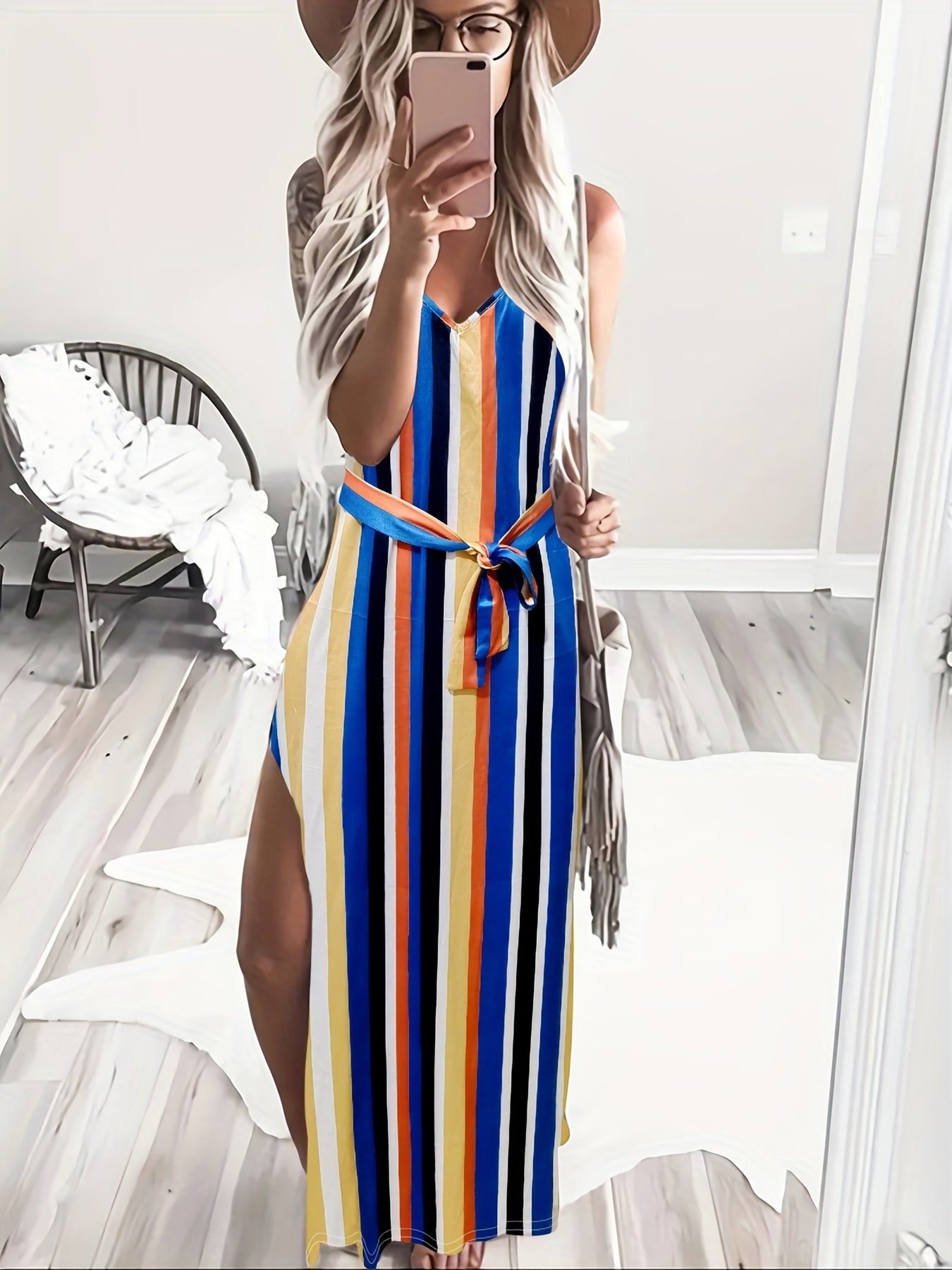 Striped Side Split Cami Dress Casual V neck Belted Spaghetti Dress