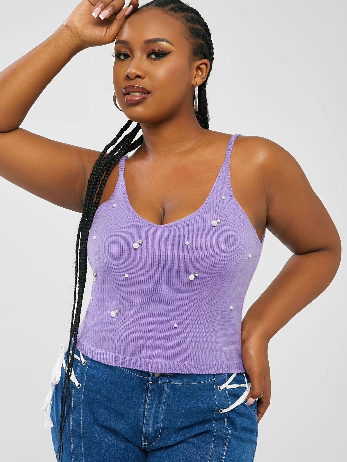  Faux Pearl Knit Cami Top Women's High Stretch V Neck Vest