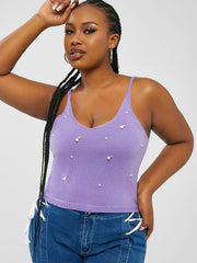  Faux Pearl Knit Cami Top Women's High Stretch V Neck Vest